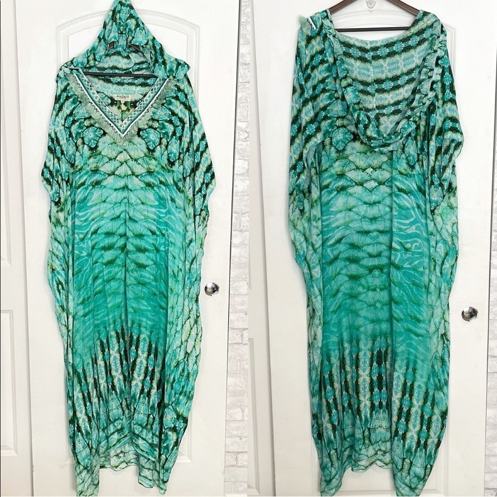 ROCOCO SAND turquoise blue embellished hooded kaftan maxi x Small One Size Fits - Picture 2 of 7